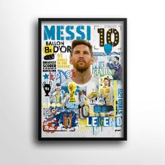 a poster with the name messi on it and many different sports related items around it