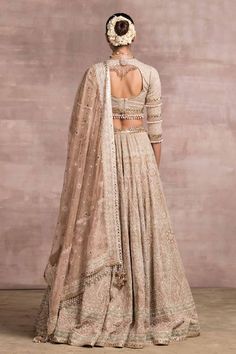 Buy Beige Silk Tissue Embroidery V Neck Chikankari Bridal Lehenga Set For Women by Tarun Tahiliani Online at Aza Fashions. Kali Lehenga, Indian Bride Outfits, Beige Silk, Lehenga Blouse, Tarun Tahiliani, Ghagra Choli, Indian Bridal Outfits