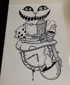 a drawing of a clock with a cat face on it's face and some other items around it