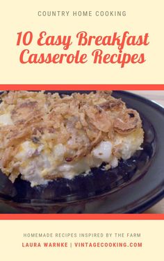 the cover of an easy breakfast casserole recipe on a black plate with text overlay