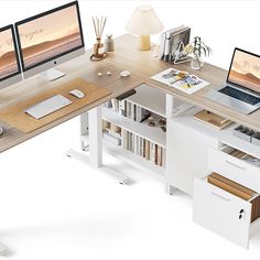 Electric Standing L Desk - White/Light Walnut L Shaped Desk Office Ideas, Stand Up Desk Home Office, L Shaped Standing Desk, Desk With Shelves, Computer Desk With Shelves, Home Office Modern, Furniture Finish, 2 Drawer File Cabinet, Modern Computer Desk