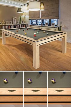 there is a pool table in the middle of this room with several balls on it