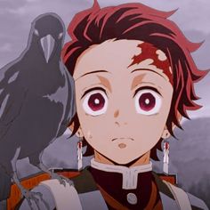 an anime character with red hair holding a black bird on his shoulder and looking at the camera