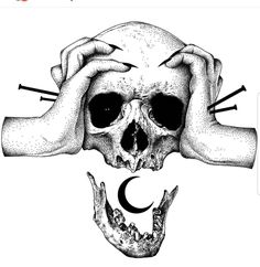 two hands holding a human skull with the moon in it's center, vintage black and white illustration