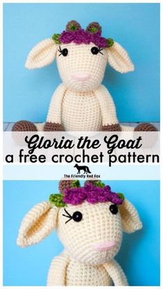 two pictures of a stuffed animal with flowers in their hair and the words, giraffe the goat a free crochet pattern