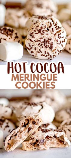 hot cocoa meringue cookies with marshmallows and chocolate sprinkles