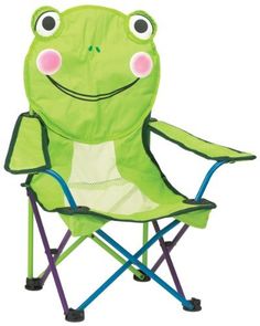 a green frog sitting in a folding chair