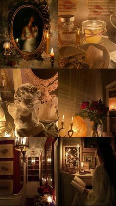 a collage of photos with candles and pictures on the wall, including an angel statue