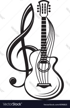 an acoustic guitar with musical notes in the shape of a treble on a white background