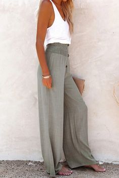 Fit: Regular fit. Detail: Solid color. Elastic waist. Long pants. High waist. Wide leg. Material: 80% Polyester. Care： Machine washes cold, tumble dry low. Mode Hippie, Work Pants Women, Slacks For Women, Elegante Casual, Looks Street Style, Wide Leg Linen Pants, Linen Style, Women Pants Casual