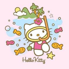 a hello kitty wallpaper with an image of a cat in the water and fish around it