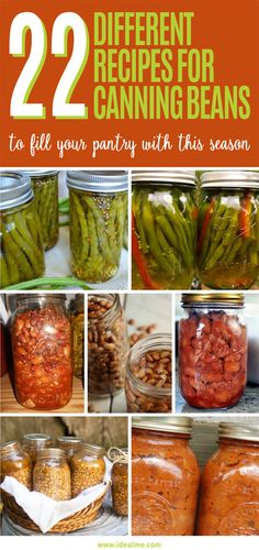 several different canning jars filled with beans and other food items, including pickled beans