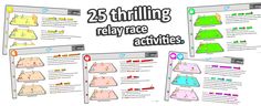 the 25 thilling play race activities are shown in four different colors and sizes