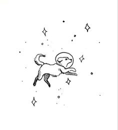 a black and white drawing of a dog flying through the air with stars around it