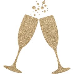 two champagne glasses with bubbles and confetti falling out of them on a white background