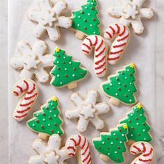 decorated christmas cookies arranged on top of a table