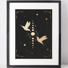 two birds flying in the night sky with stars and moon phases on it's side