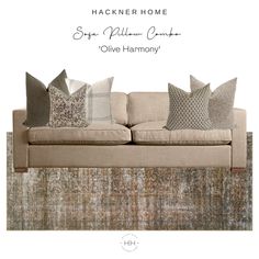 a couch with several pillows on it and the words hacker home written in white