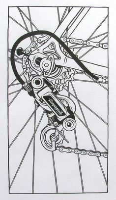 a drawing of a bicycle wheel and chain on a white paper with black ink in it