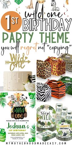 a collage of birthday party themes including giraffes, zebra print and palm leaves