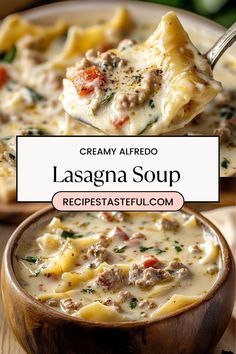 creamy alfredo lasagna soup in a wooden bowl