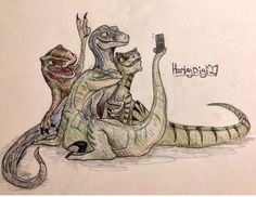 a drawing of two dinosaurs riding on top of each other with one holding a cell phone