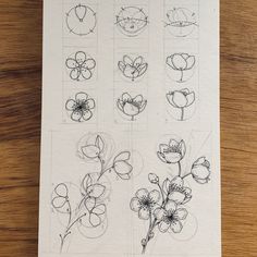 some flowers are drawn on top of a piece of paper and placed on a table