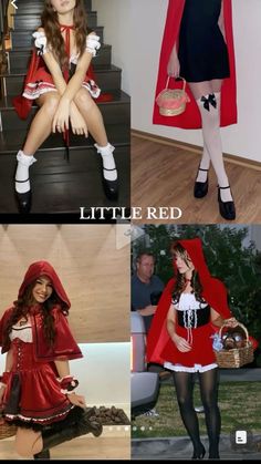 four different pictures of women dressed in little red riding hoods, dresses and boots