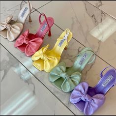 Yellow Patent Pu Mules Patent Bow Upper Memory Foam Padding 4” Heels Luxury Bow Straps Heels For Spring, Purple Heels Outfit, Tea Party Attire, Denim Bows, Pink Mules, Bow Mules, Bling Bows, Black Clogs, Purple Heels