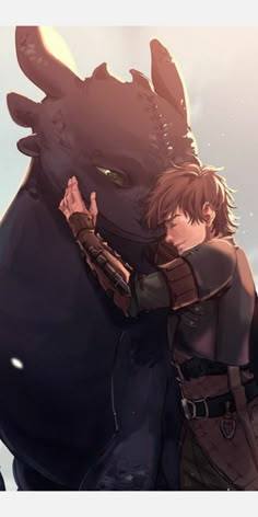 a person hugging a giant animal in front of a sky