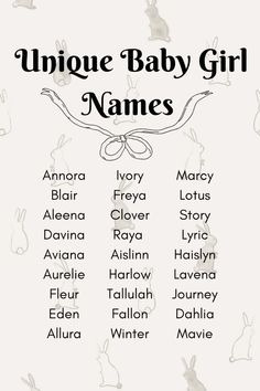 the unique baby girl names are shown in black and white, with rabbits on them