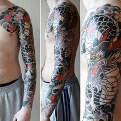 three different views of a man's arm and shoulder with tattoos on it, both showing