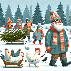 an old man pulling a christmas tree on a sleigh with chickens in the snow