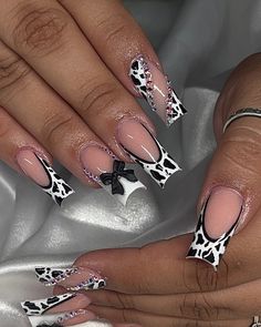 Had to post the photos too🖤🐮🎀 #houston#houstonnailtech #cows #cowprint #frenchies #nails #nailsnailsnails #nailart #naildesign #nailinspo #prettygirls #prettynails Cowgirl Nail Ideas, Cow Nails Designs, Short Cow Print Nails, Cow Nails Acrylic, Cowprint Nail Design, Cow Print Nail Designs, Frenchies Nails, Uni Nails, Cowgirl Nails