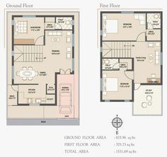 two story house plan with ground floor and first floor in the same area, which is also