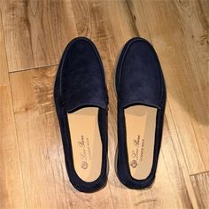 Brand New, Not Wornsee Picture) Blue Slip-on Moccasins, Blue Leather Sole Slip-on Moccasins, Navy Suede Slip-on Loafers, Classic Blue Slip-on Boat Shoes, Blue Flat Slip-on Moccasins, Blue Slip-on Loafers With Rubber Sole, Blue Suede Business Slip-ons, Blue Slip-on Moccasins With Rubber Sole, Navy Loafers With Stitched Sole And Round Toe