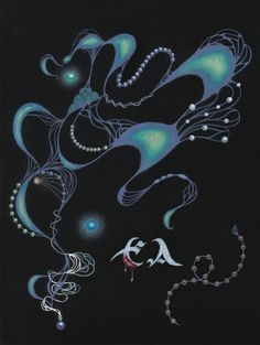 an abstract painting with blue and green colors on black paper, including beads, pearls, and other items