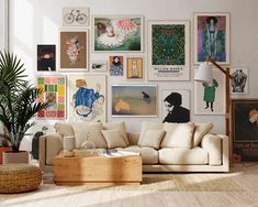 a living room filled with furniture and lots of pictures on the wall above it's coffee table