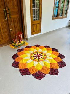 simple pookalam design Onam Carpet Design, Onam Flower Design Simple, Pookalam Design Onam First Prize, Athapoovu Design, Pookolam Design Onam For Competition, Flower Rangoli For Onam, Athapukalam Design, Pookalam Simple Design, Rangoli Made With Flowers