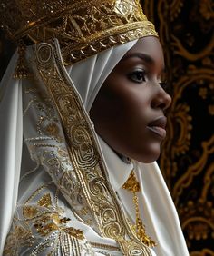 a woman dressed in white and gold wearing a headdress with golden beads on it