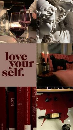 a collage of photos with red wine and angel statues