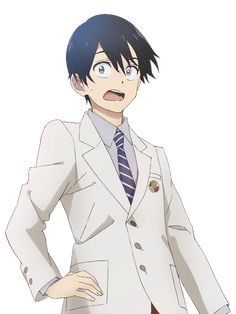 an anime man in a suit and tie with his hands on his hips, posing for the camera