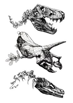 three different types of dinosaurs with flowers on their heads and mouths, all in black and white