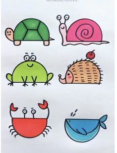 an image of children's artwork with animals and snails on white paper background