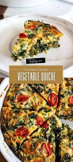 a vegetable quiche is cut into slices on a white plate with the title overlay