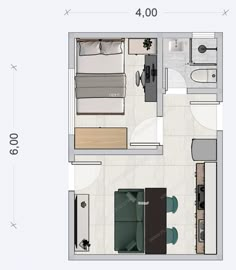 the floor plan for a small apartment with one bedroom and an open kitchen area,