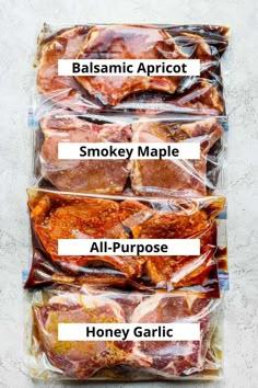 the different types of meat wrapped in plastic