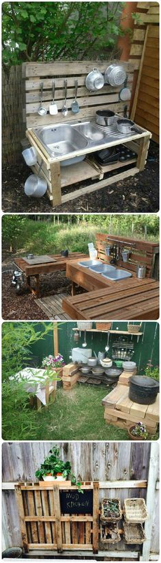 some wooden pallets with pots and pans on them