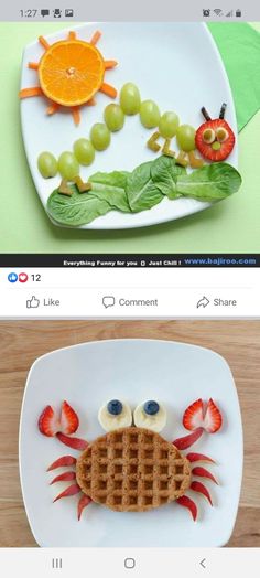 two plates with food made to look like crab and oranges on them, one has eyes