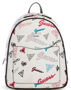 NEW GUESS Women's Graffiti Print Logo Backpack Bag Handbag For carrying all your essentials, this logo printed faux-leather backpack is designed with a front logo emblem and slip pocket. Complete with a zip-around closure and adjustable shoulder straps.. Color: White Multi Top zipper closure Adjustable backpack straps with 14" drop. Top handle with 2.25" drop. Dimensions: 10.5"W x 12.5"H x 4.75"D White Backpack With Logo, White Logo Backpack For Everyday Use, Logo Backpack For Everyday Use And Back To School, Everyday White Backpack With Logo, White Logo Backpack, Everyday White Logo Backpack, Back To School Backpack With Logo For Everyday Use, Casual Logo Print Shoulder Bag For Travel, Casual Shoulder Bag With Logo Print For Travel